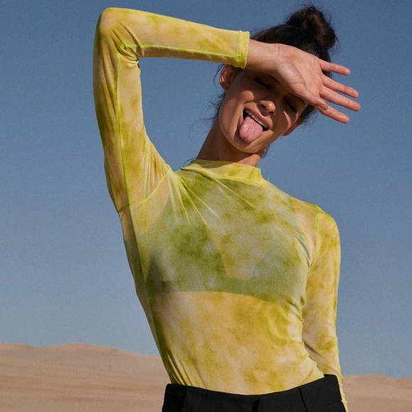 NWOT- Lelis Collection Neon Green Sheer Mesh Long Sleeve Mock Neck Bodysuit - Picture 1 of 9